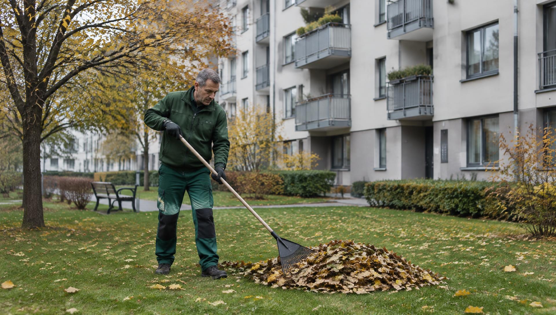 Darbinieks sagrābj kritušās lapas sakoptā daudzdzīvokļu ēkas pagalmā